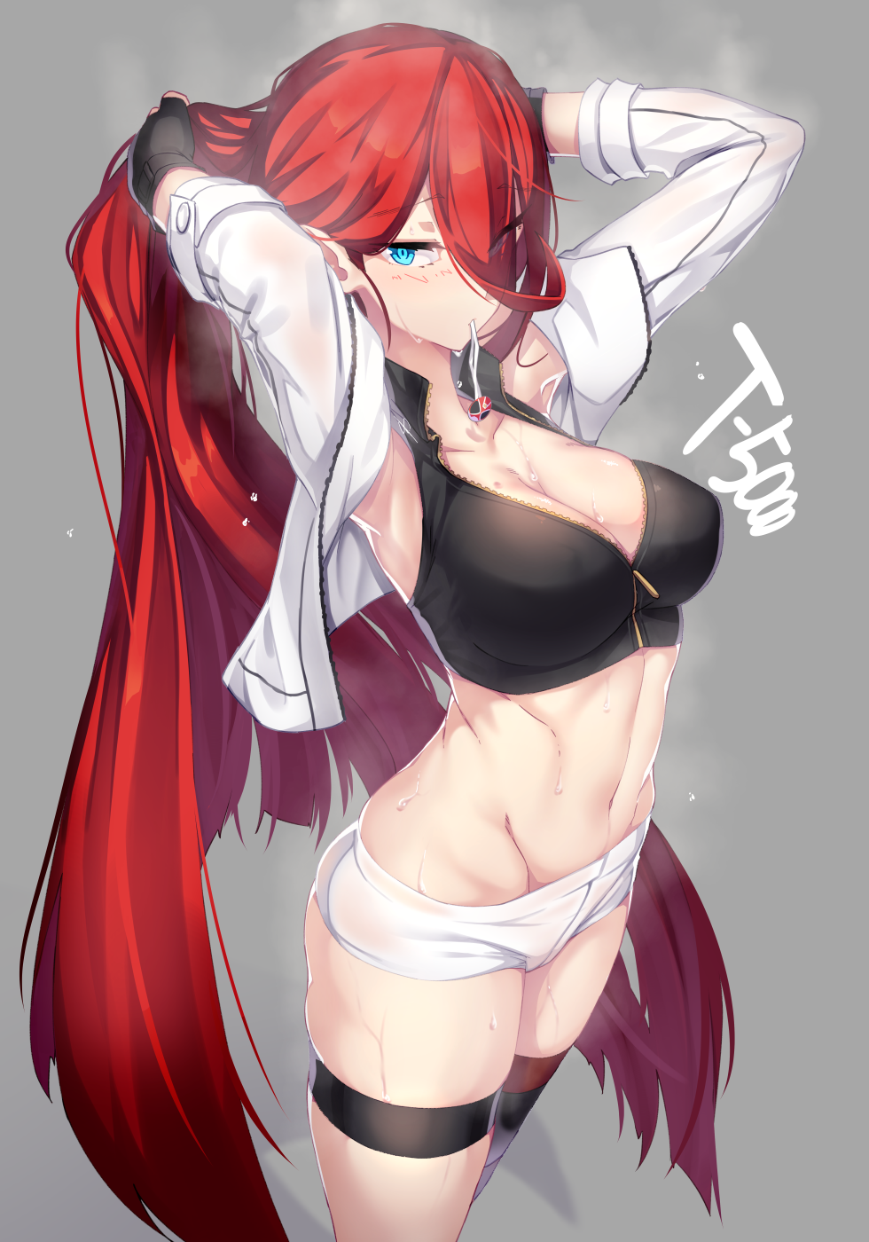 1girl, adjusting_hair, armpits, arms_up, black_gloves, black_legwear, black_shirt, blush, breasts, character_name, collarbone, crop_top, dev, dripping, eyes_visible_through_hair, fingerless_gloves, girls_frontline, gloves, grey_background, groin, hair_over_one_eye, highres, hot, jacket, large_breasts, long_hair, looking_at_viewer, mouth_hold, navel, one_eye_closed, open_clothes, open_jacket, redhead, revision, shirt, short_shorts, shorts, single_thighhigh, sleeveless, sleeveless_shirt, solo, standing, steam, sweat, sweating, t-5000_(girls_frontline), thigh-highs, thigh_strap, very_long_hair, white_jacket, white_shorts, zipper