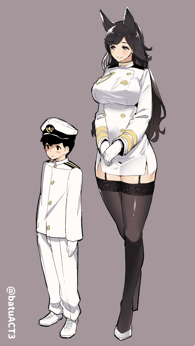 1girl, age_difference, animal_ears, atago_(azur_lane), azur_lane, batsu, black_hair, breasts, garter_straps, large_breasts, little_boy_admiral_(azur_lane), long_hair, military, military_uniform, miniskirt, skirt, thigh-highs, uniform, wolf_ears, zettai_ryouiki