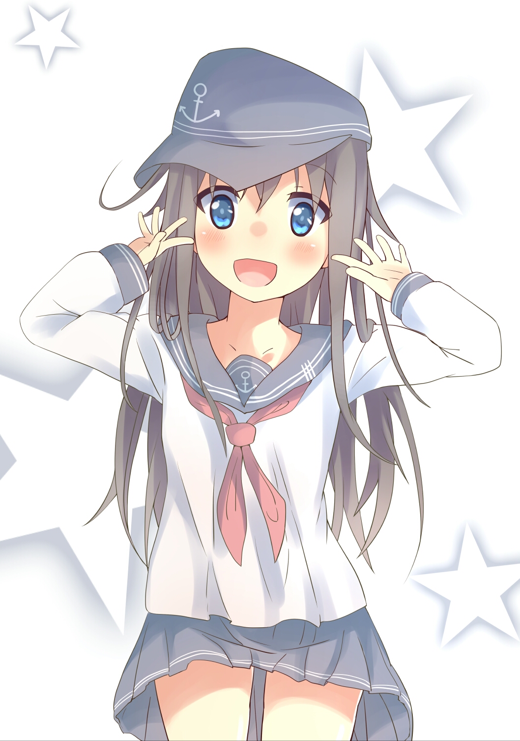 1girl, :d, akatsuki_(kantai_collection), anchor_symbol, arms_up, ayame_riyo, black_hair, black_hat, black_skirt, blue_eyes, blush, collarbone, commentary_request, cowboy_shot, eyebrows_visible_through_hair, flat_cap, hair_between_eyes, hat, head_tilt, highres, kantai_collection, long_hair, long_sleeves, neckerchief, open_mouth, pleated_skirt, red_neckerchief, school_uniform, serafuku, shirt, skirt, skirt_lift, smile, solo, standing, star, starry_background, tareme, white_background, white_shirt, wind, wind_lift