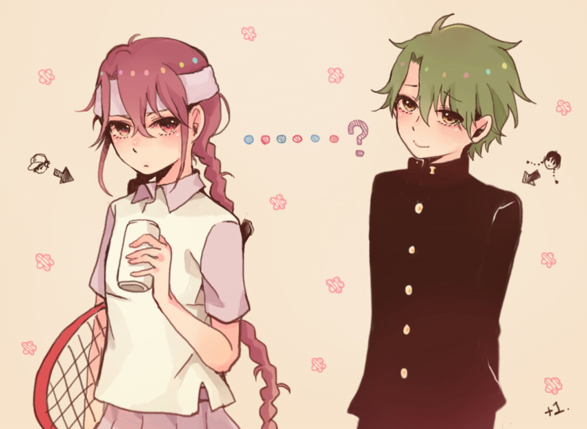 +1_(yakusoku0722), 1boy, 1girl, ?, artist_name, can, closed_mouth, echizen_ryooma