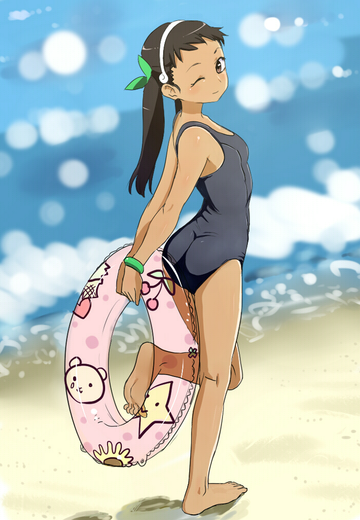 1girl, ;), ass, bakemonogatari, bangle, bare_arms, bare_legs, bare_shoulders