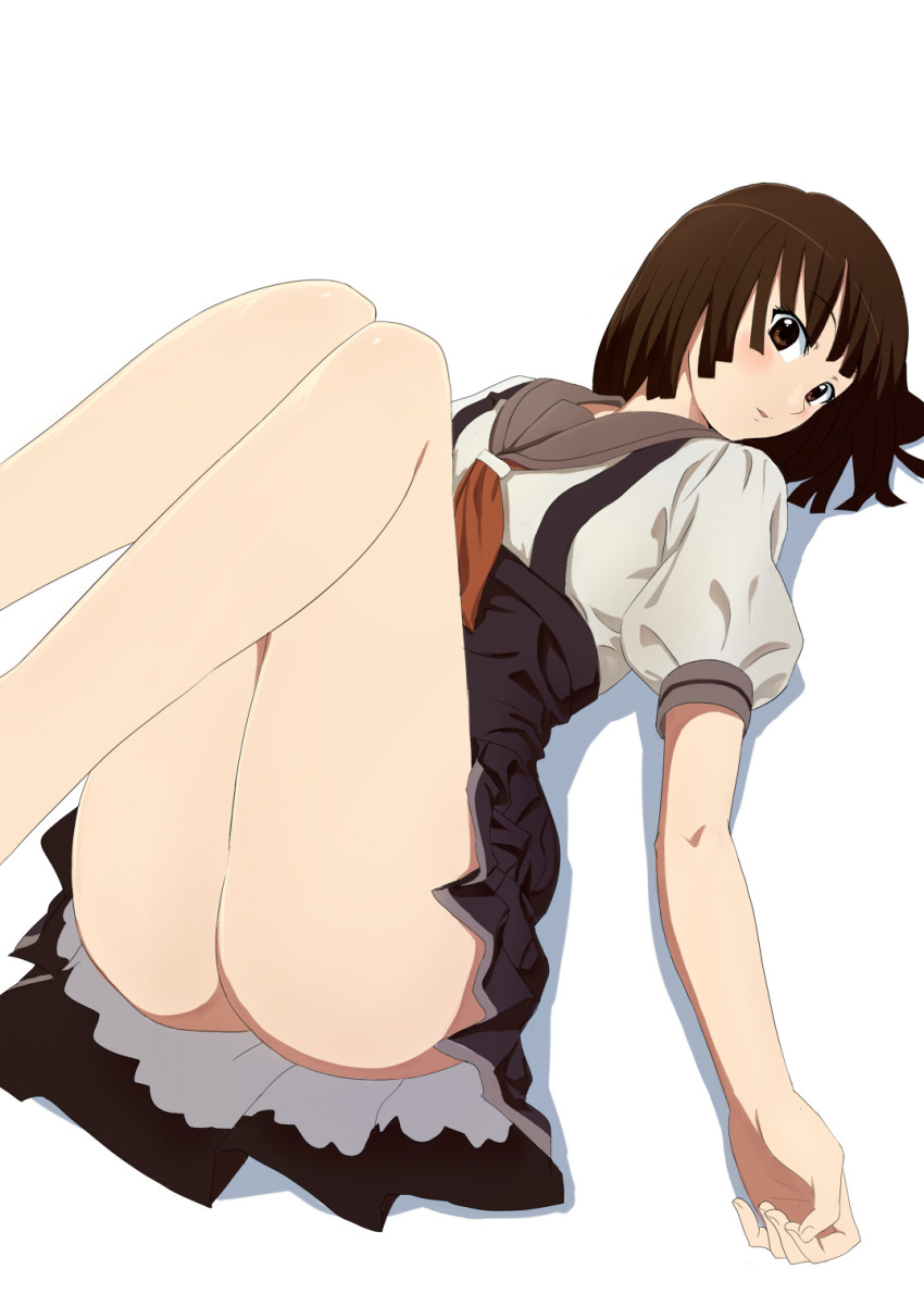 1girl, ass, bakemonogatari, bangs, bare_legs, black_skirt, blush, brown_eyes, brown_hair, grey_shirt, head_tilt, high-waist_skirt, highres, legs, legs_up, looking_at_viewer, lying, momosuke_(ishakry), monogatari_(series), on_back, parted_lips, puffy_short_sleeves, puffy_sleeves, sailor_collar, sengoku_nadeko, shirt, short_hair, short_sleeves, simple_background, skirt, solo, suspender_skirt, suspenders, white_background