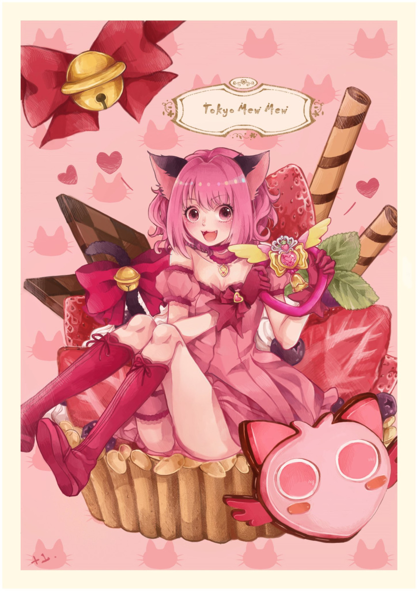 +1_(yakusoku0722), 1girl, :3, :d, animal_ears, bare_shoulders, bell, boots, border, bow, cat_ears, cat_tail, chocolate, choker, copyright_name, cupcake, dress, fangs, food, fruit, giant_object, gloves, heart, highres, holding, jingle_bell, knee_boots, looking_at_viewer, mew_ichigo, momomiya_ichigo, open_mouth, pink_dress, pink_eyes, pink_hair, puffy_short_sleeves, puffy_sleeves, red_gloves, short_hair, short_sleeves, simple_background, sitting, sitting_on_food, smile, solo, strawberry, sweets, tail, tail_bow, thigh_strap, tokyo_mew_mew