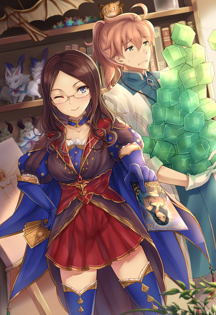 1boy, 1girl, ahoge, blue_eyes, blush, brown_hair, card, commentary_request, craft_essence, fate/grand_order, fate_(series), fou_(fate/grand_order), glasses, gloves, highres, leonardo_da_vinci_(fate/grand_order), long_hair, looking_at_viewer, mana_prism, one_eye_closed, orange_hair, ponytail, romani_akiman, saint_quartz, smile, thigh-highs, yuemanhuaikong