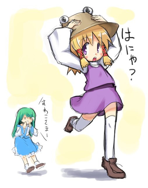 green_hair, hat, kanno, kochiya_sanae, moriya_suwako, thigh-highs, thighhighs, touhou