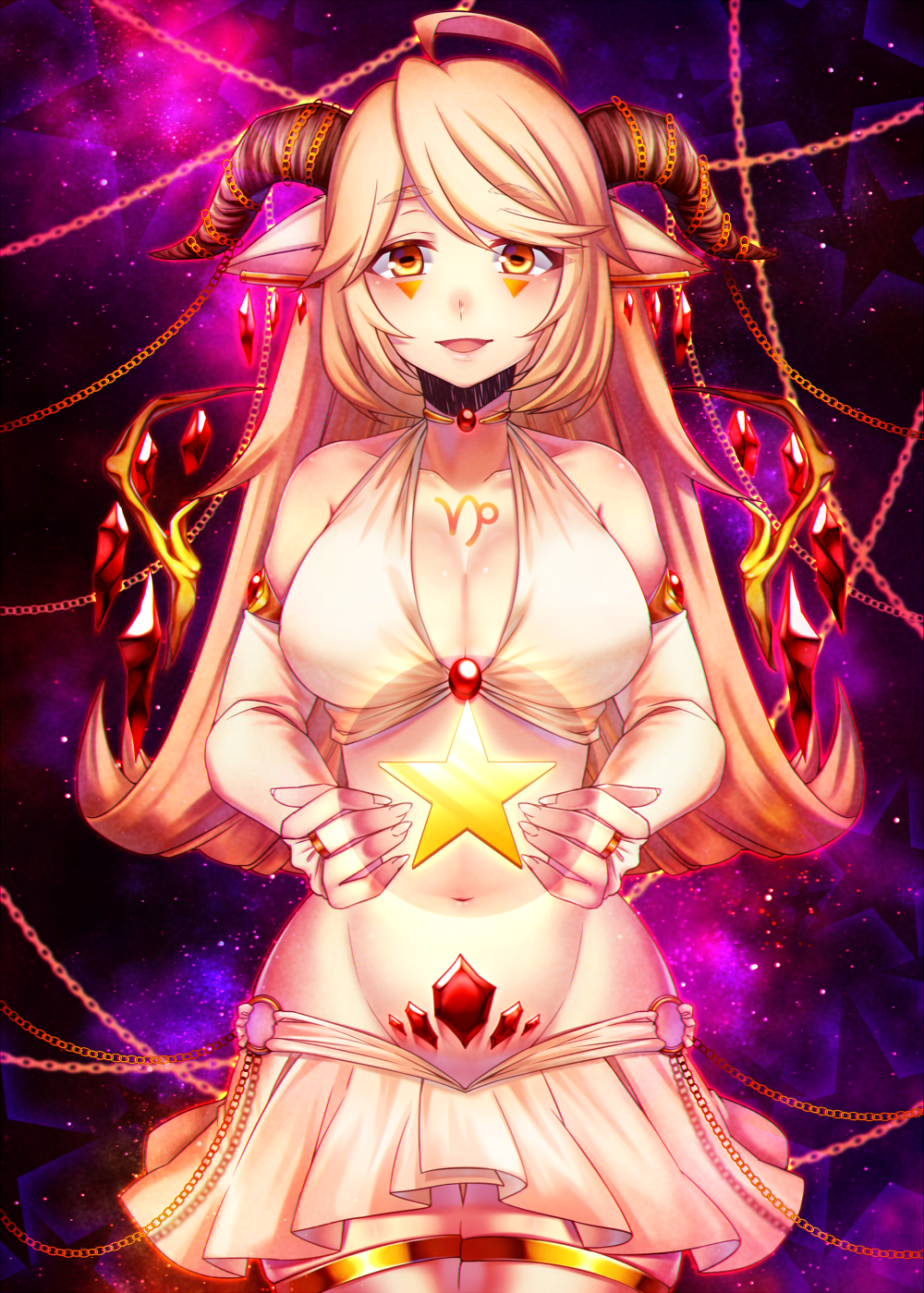 1girl, ahoge, bare_shoulders, blonde_hair, blush, breasts, bridal_gauntlets, chains