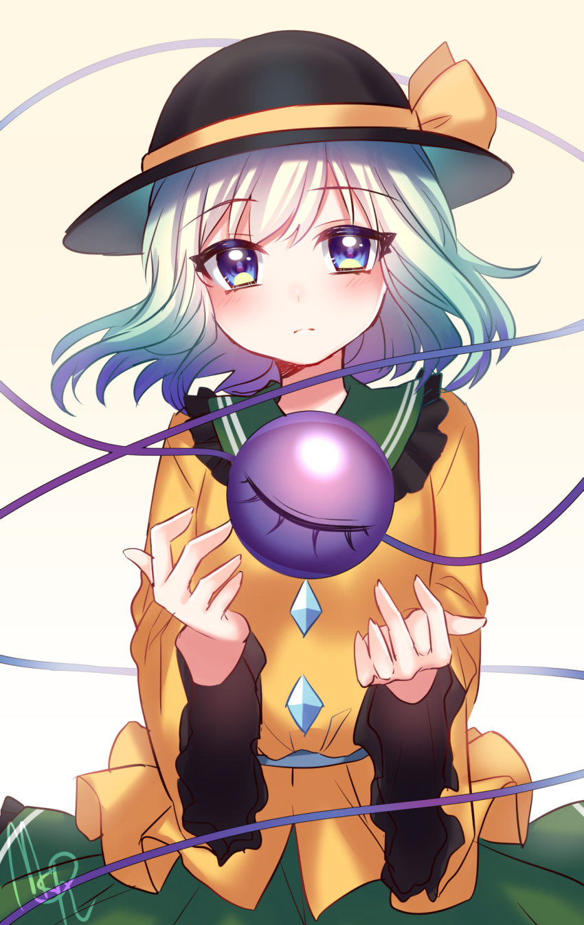 1girl, bangs, black_hat, blouse, blue_eyes, cowboy_shot, eyeball, frilled_sleeves