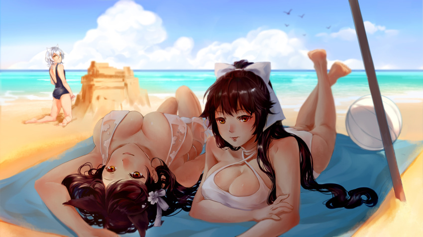 3girls, animal_ears, arm_up, armpits, atago_(azur_lane), azur_lane, ball, bare_arms, bare_shoulders, barefoot, beach_towel, beachball, beah, blue_sky, blurry, blush, bow, breasts, brown_eyes, brown_hair, cat_ears, cleavage, criss-cross_halter, day, depth_of_field, flower, foreshortening, full_body, hair_bow, hair_flower, hair_ornament, halterneck, highres, horizon, inf_(you_xiang), kneeling, large_breasts, lips, long_hair, looking_back, lying, maya_(azur_lane), multiple_girls, oean, on_back, on_stomach, one-piece_swimsuit, outdoors, pole, ponytail, sand, sand_castle, sand_sculpture, silver_hair, skindentation, skirt, sky, small_breasts, smile, swimsuit, takao_(azur_lane), tareme, the_pose, towel, water, white_bow, white_skirt