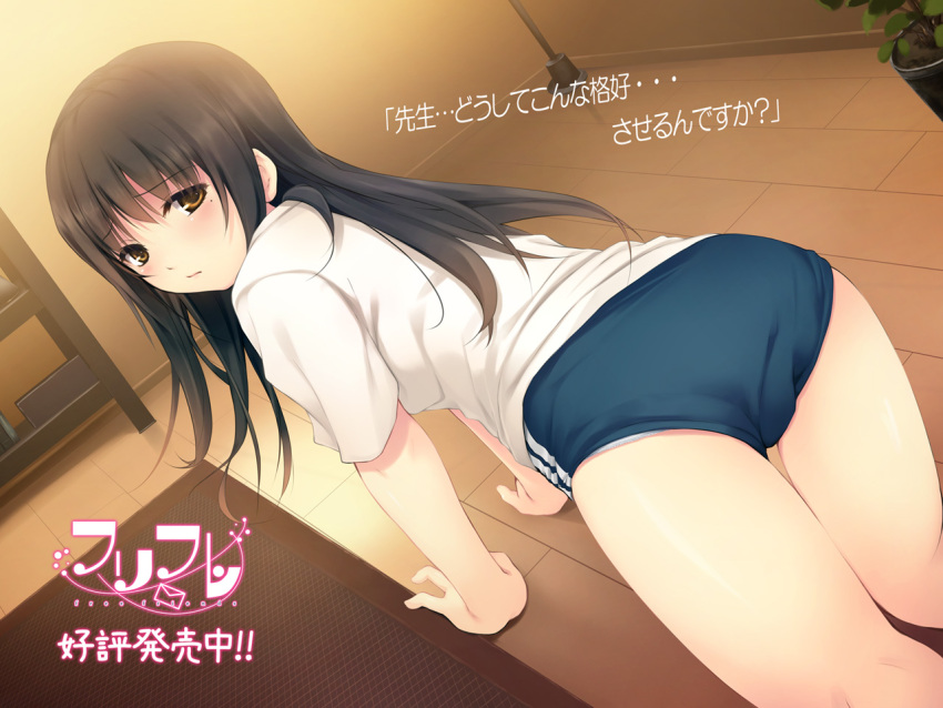 blush, brown_eyes, brown_hair, buruma, coffee-kizoku, free_friends, from_behind, gym_uniform
