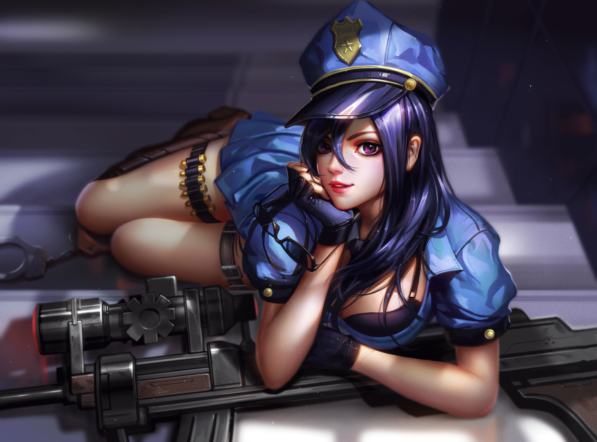 1girl, absurdres, alternate_costume, arm_support, blue_hair, bra, braid, caitlyn_(league_of_legends), cuffs, fingerless_gloves, glasses, gloves, gun, handcuffs, hat, highres, league_of_legends, liang_xing, long_hair, looking_at_viewer, lying, necktie, officer_caitlyn, on_side, police, police_hat, police_uniform, policewoman, rifle, short_sleeves, skirt, sniper_rifle, solo, stairs, underwear, uniform, violet_eyes, weapon