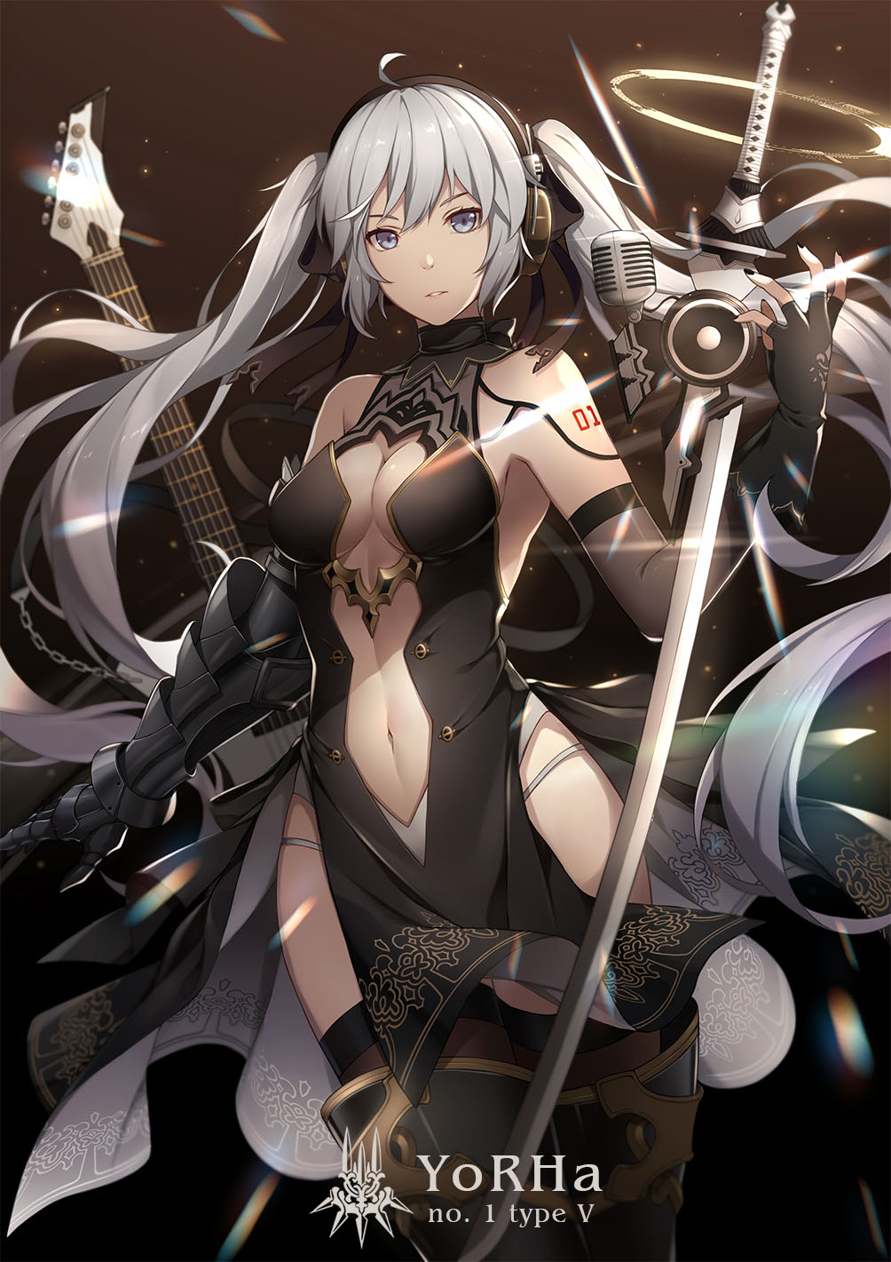 1girl, ahoge, arm_tattoo, armor, bangs, bare_shoulders, black_dress, black_footwear