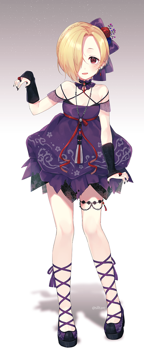 1girl, arm_warmers, bare_shoulders, black_nails, blonde_hair, bow, commentary_request, cross-laced_footwear