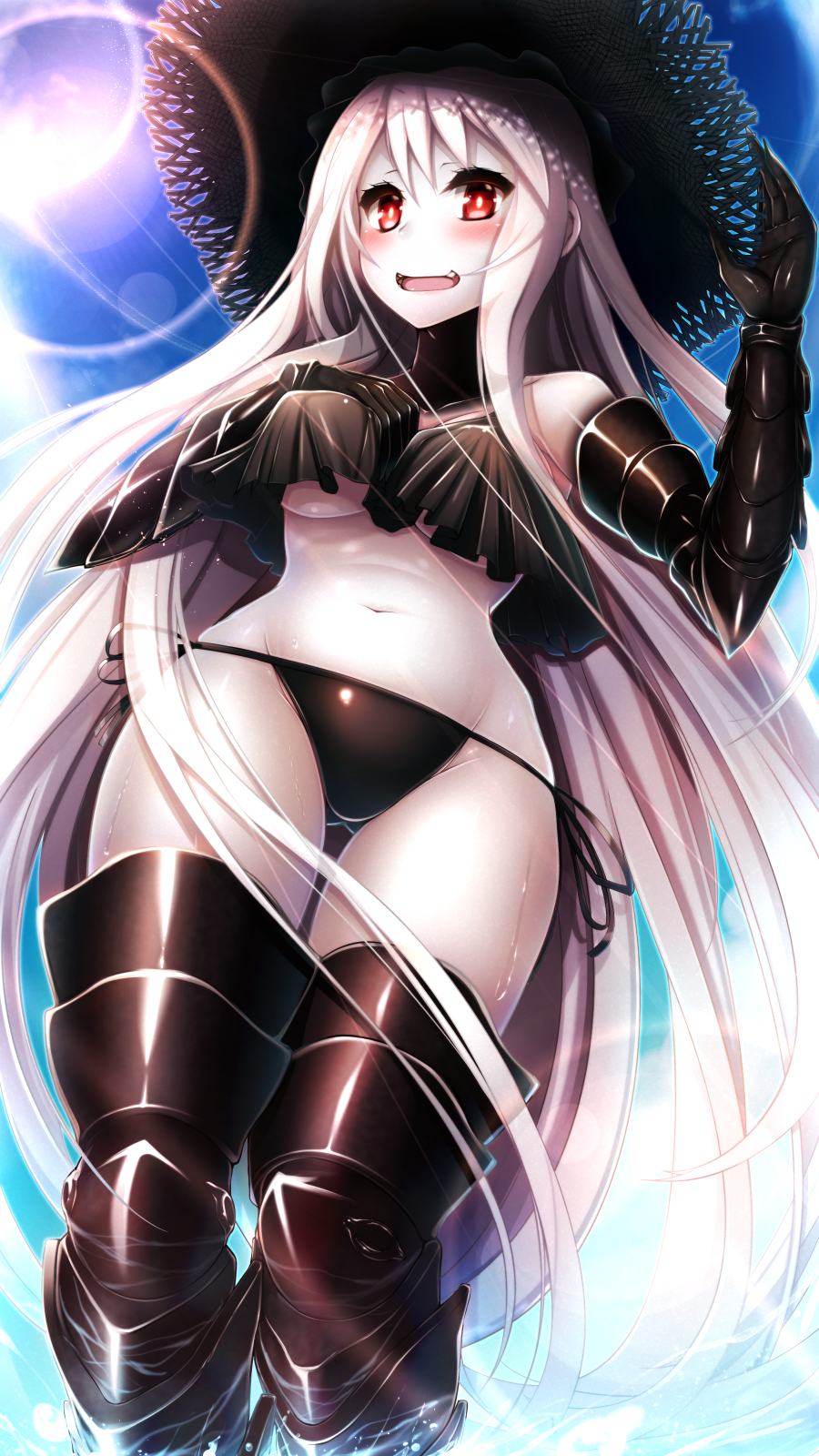 1girl, aircraft_carrier_summer_oni, ass, bangs, bikini, black_bikini, black_gloves, black_hat