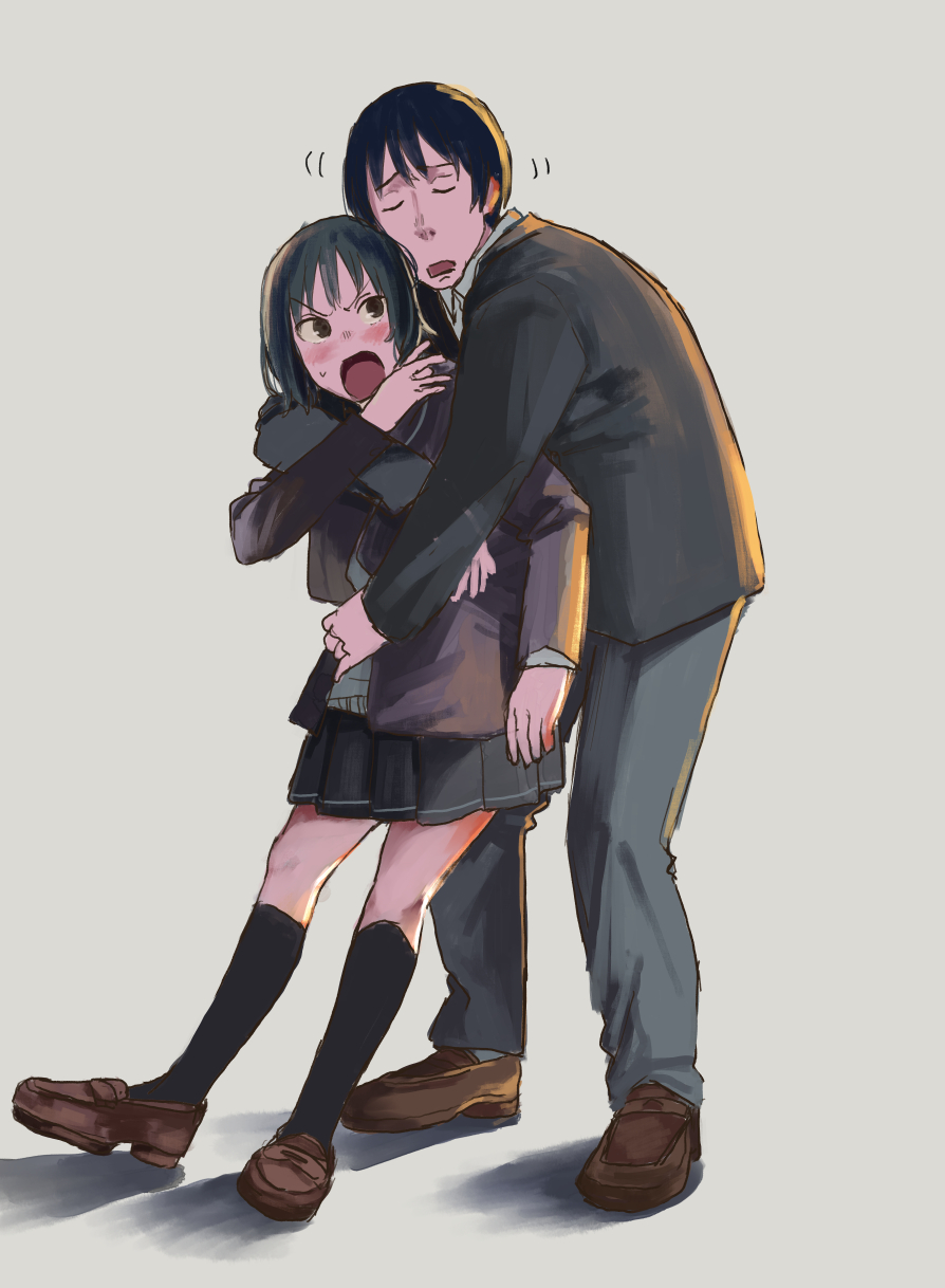 >:o, 1boy, 1girl, :o, amagami, black_hair, blush, brown_eyes, closed_eyes, commentary, grey_background, highres, jacket, ken_sogen, loafers, long_hair, nanasaki_ai, open_mouth, pleated_skirt, school_uniform, shoes, short_hair, simple_background, skirt, tachibana_jun'ichi