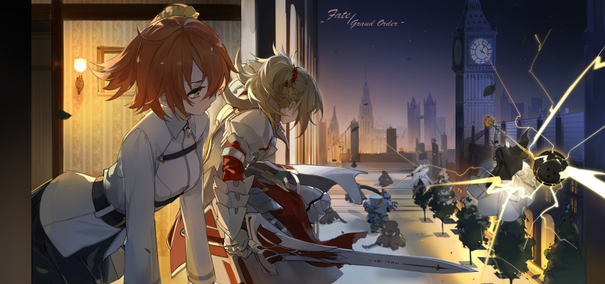 3girls, armor, belt, berserker_of_black, blonde_hair, elizabeth_tower, fate/apocrypha, fate/grand_order