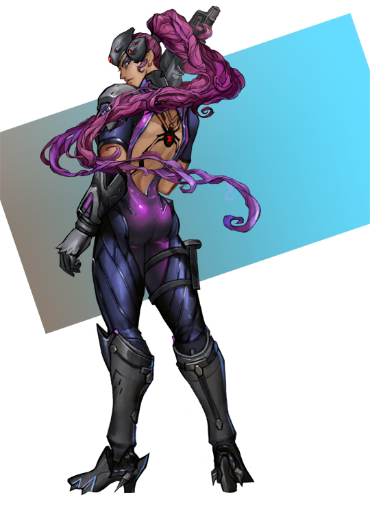 1boy, armor, ass, battle_tendency, bodysuit, cosplay, dark_skin, dark_skinned_male, eyeshadow, from_behind, gun, jojo_no_kimyou_na_bouken, kars_(jojo), lips, long_hair, looking_at_viewer, looking_back, makeup, male_focus, overwatch, purple_hair, rifle, sniper_rifle, spider_tattoo, visor, weapon, widowmaker_(overwatch), widowmaker_(overwatch)_(cosplay)