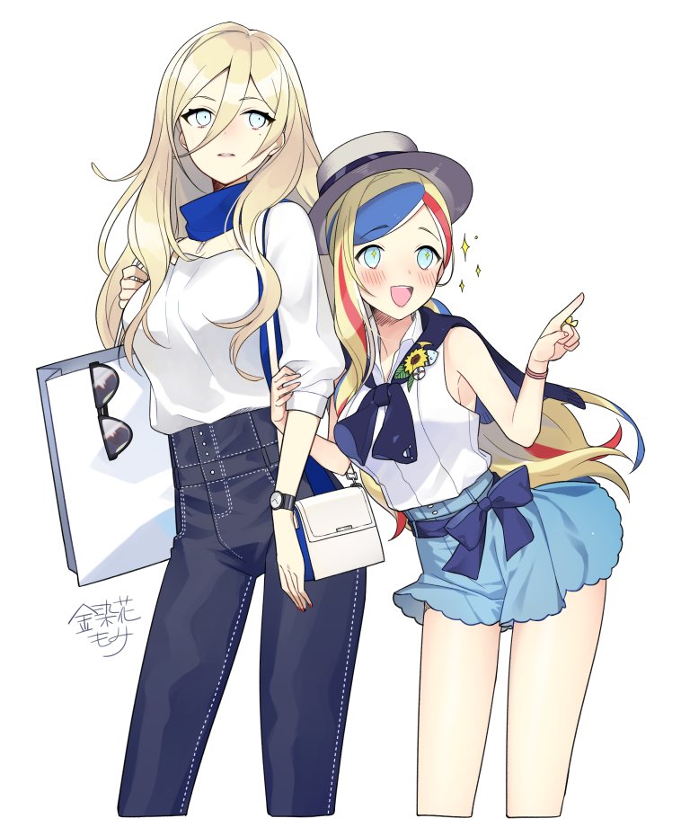 2girls, alternate_costume, arm_grab, artist_name, artist_request, bag, bare_shoulders, blonde_hair, blouse, blue_eyes, blue_hair, blue_ribbon, blush, breasts, commandant_teste_(kantai_collection), commentary_request, cowboy_shot, eyebrows_visible_through_hair, fashion, flower, hair_between_eyes, handbag, hat, holding_bag, jewelry, kantai_collection, kinsenka_momi, long_hair, medium_breasts, mole, mole_under_eye, multicolored_hair, multiple_girls, open_mouth, pants, parted_lips, pointing, redhead, ribbon, richelieu_(kantai_collection), ring, round_teeth, scarf, shirt, shopping_bag, simple_background, skirt, sleeveless, sleeveless_shirt, smile, sparkle, sparkling_eyes, standing, streaked_hair, sunflower, sunglasses, teeth, watch, watch, white_background, white_blouse, white_hair, wristband