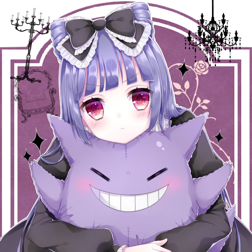 >:<, 1girl, aki_(akinyaaaaa), armchair, bangs, black_dress, blunt_bangs, blush, bow, candelabra, chair, character_doll, closed_mouth, dress, frilled_bow, frills, gengar, gothic_lolita, head_rest, head_tilt, highres, juliet_sleeves, lolita_fashion, long_hair, long_sleeves, looking_at_viewer, original, pink_eyes, pokemon, puffy_sleeves, puppet, purple_hair, solo, sparkle, stitches, upper_body