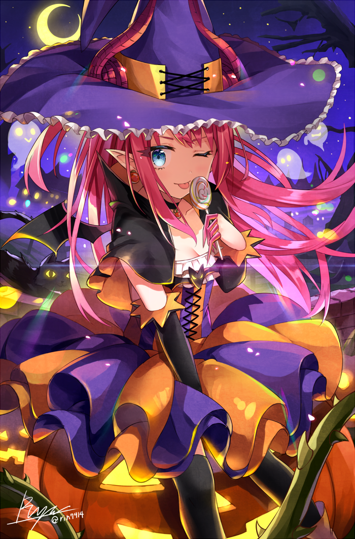 1girl, ;p, artist_name, bangs, bare_tree, between_legs, black_legwear, blue_eyes, breasts, candy, closed_mouth, crescent_moon, earrings, elizabeth_bathory_(halloween)_(fate), fate/grand_order, fate_(series), food, hand_between_legs, hat, holding, holding_food, horns, jack-o'-lantern, jewelry, lancer_(fate/extra_ccc), lollipop, long_hair, looking_at_viewer, moon, one_eye_closed, outdoors, over-kneehighs, plant, pointy_ears, purple_hair, rin_yuu, sidelocks, signature, small_breasts, smile, solo, thigh-highs, tongue, tongue_out, tree, tsurime, two_side_up, vines, witch_hat