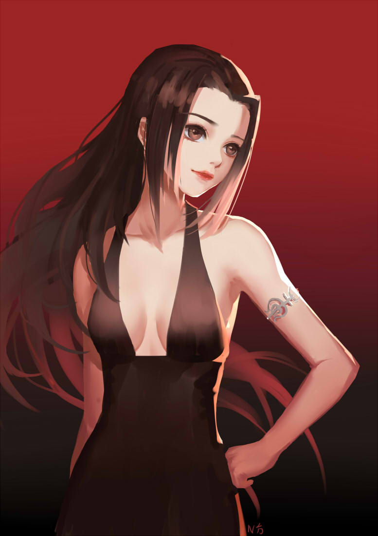 1girl, armlet, black_dress, black_eyes, black_hair, breasts, center_opening, cleavage