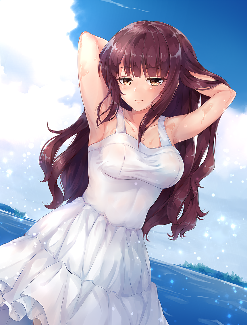 1girl, armpits, arms_behind_head, arms_up, bangs, bare_arms, bare_shoulders, blunt_bangs
