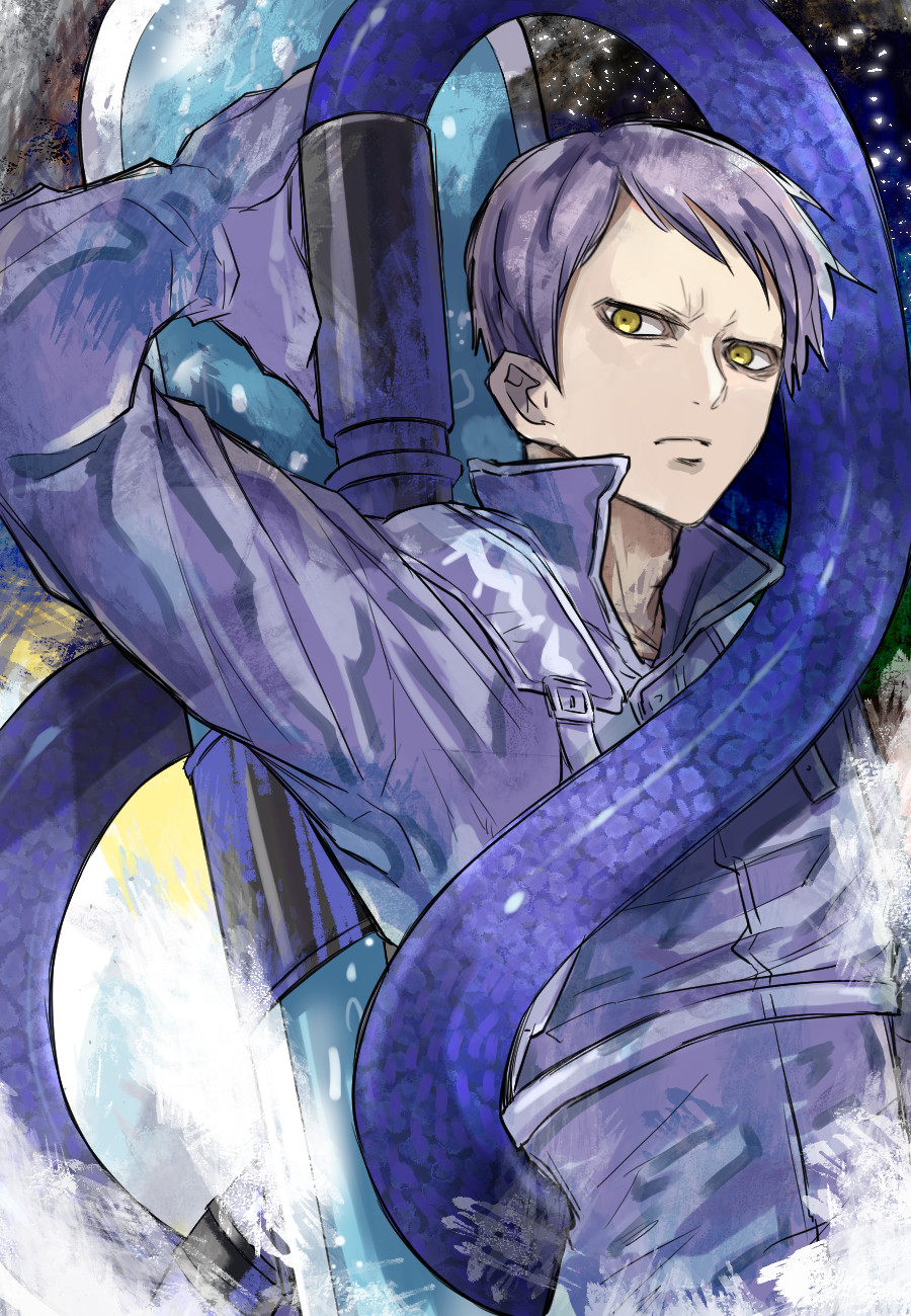 1boy, flamethrower, grin, highres, jumpsuit, juuni_taisen, male_focus, nakuru_796, purple_hair, smile, solo, tsumita_nagayuki, upper_body, weapon, yellow_eyes