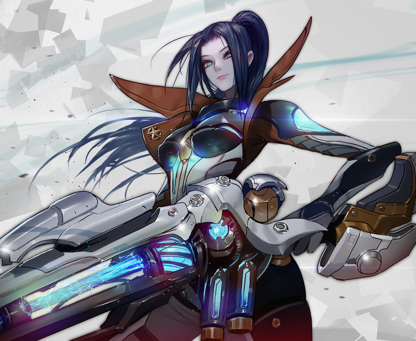 1girl, badge, blue_eyes, blue_hair, bodysuit, breasts, caitlyn_(league_of_legends), gun
