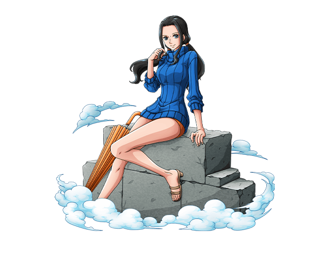 1girl, black_hair, blue_eyes, blue_sweater, bodskih, closed_umbrella, floating_hair, long_hair, looking_at_viewer, nico_robin, one_piece, orange_umbrella, sitting, smile, solo, sweater, transparent_background, twintails, umbrella, very_long_hair