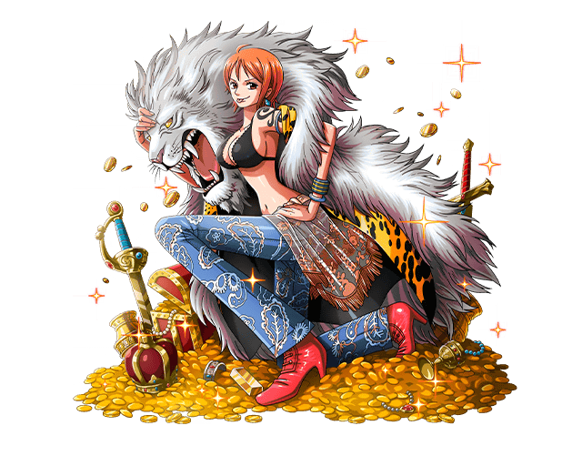 1girl, black_bra, blue_pants, bodskih, bra, bracelet, breasts, brown_eyes, cleavage, earrings, hand_on_hip, high_heels, jewelry, large_breasts, looking_at_viewer, mouth_hold, nami_(one_piece), on_knee, one_piece, orange_hair, pants, red_shoes, see-through, shoes, short_hair, sideboob, solo, tattoo, transparent_background, underwear