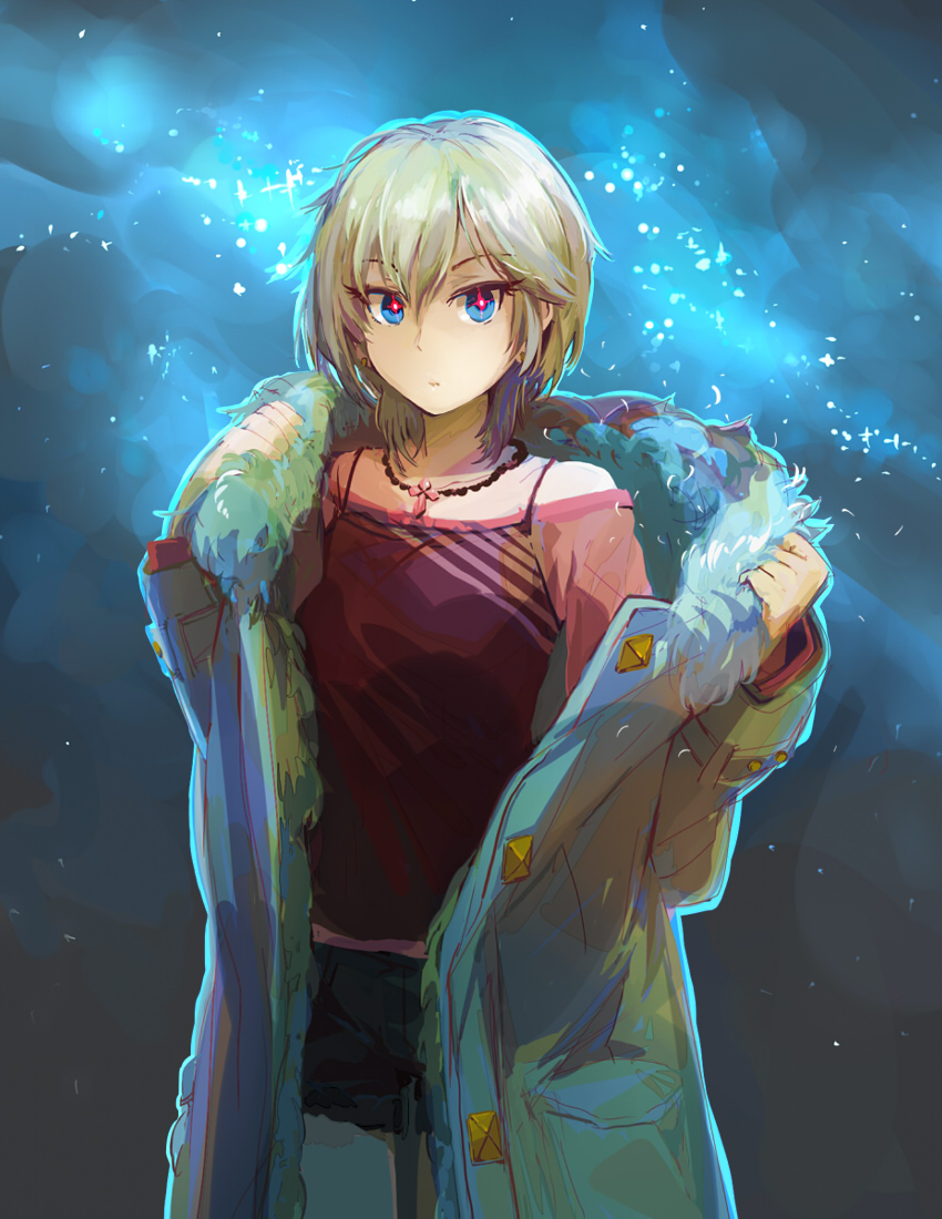 1girl, anastasia_(idolmaster), black_shorts, blue_eyes, collarbone, cowboy_shot, custom_(cus-tom), eyebrows_visible_through_hair