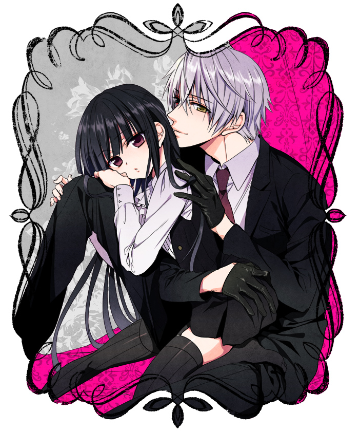 1boy, 1girl, black_dress, black_gloves, black_hair, black_jacket, black_legwear, black_pants