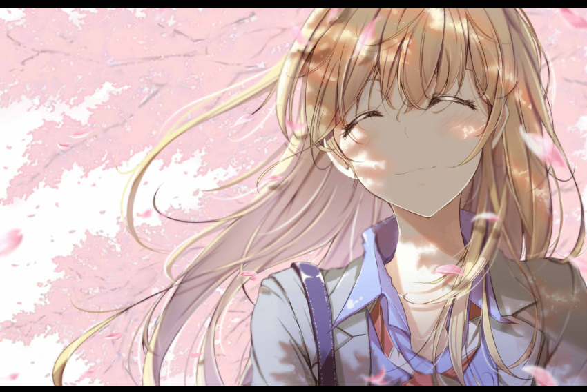 1girl, blonde_hair, blue_shirt, closed_eyes, day, dress_shirt, floating_hair, grey_jacket