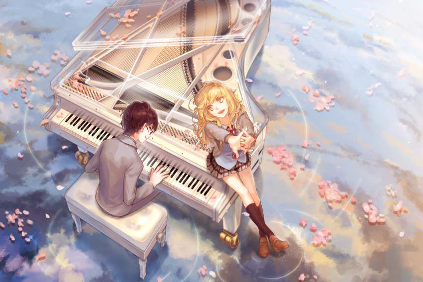 1boy, 1girl, :d, arima_kousei, arms_up, black_legwear, blonde_hair, brown_hair, cherry_blossoms, day, dress_shirt, glasses, grey_jacket, grey_pants, grey_shirt, grey_skirt, instrument, jacket, kneehighs, long_hair, miniskirt, miyazono_kawori, mizukai, music, necktie, open_clothes, open_jacket, open_mouth, outdoors, pants, piano, playing_instrument, pleated_skirt, red_necktie, reflecting_pool, shigatsu_wa_kimi_no_uso, shirt, sitting, skirt, smile, striped, striped_necktie, yellow_eyes