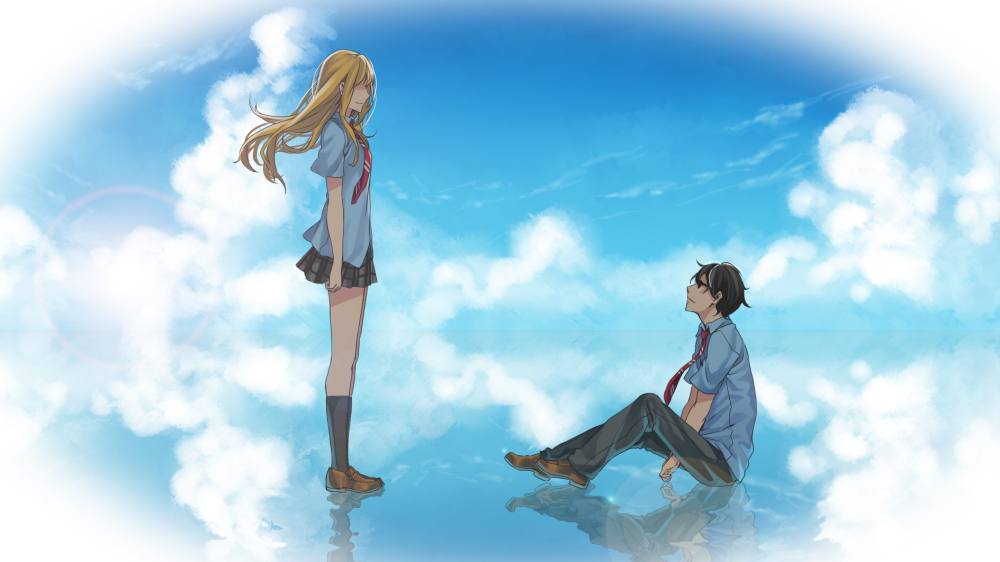1boy, 1girl, arima_kousei, between_legs, black-framed_eyewear, black_hair, black_legwear, black_pants, black_skirt, blonde_hair, blue_shirt, blue_sky, clouds, eye_contact, floating_hair, from_side, hair_over_eyes, hand_between_legs, kneehighs, long_hair, looking_at_another, miniskirt, miyazono_kawori, necktie, outdoors, pants, pleated_skirt, red_necktie, reflecting_pool, school_uniform, shigatsu_wa_kimi_no_uso, shirt, short_sleeves, sitting, skirt, sky, standing, yand