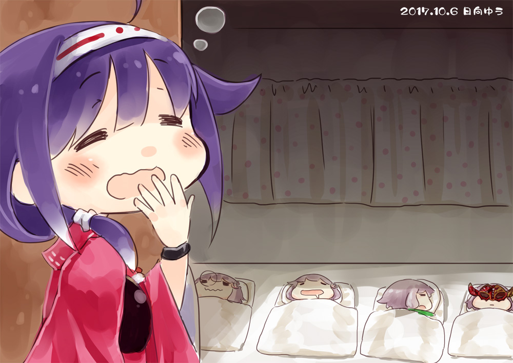 5girls, ahoge, anchor_hair_ornament, commentary_request, drooling, fairy_(kantai_collection), futon, hair_ornament, hairband, haori, hinata_yuu, japanese_clothes, kantai_collection, long_hair, lying, mask, multiple_girls, muneate, nose_bubble, purple_hair, ryuuhou_(kantai_collection), silver_hair, sketch, sleeping, sleepy, taigei_(kantai_collection), tenzan_(kantai_collection)