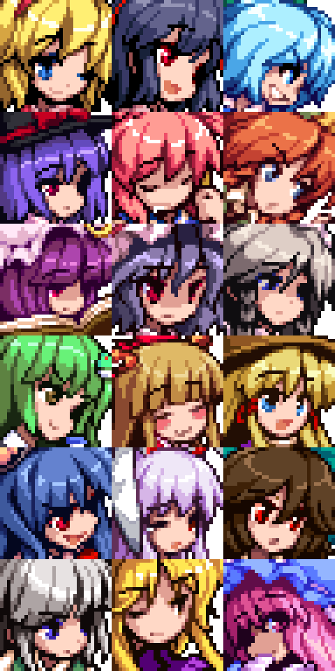 6+girls, beret, black_hair, blonde_hair, blue_eyes, blue_hair, brown_eyes, brown_hair