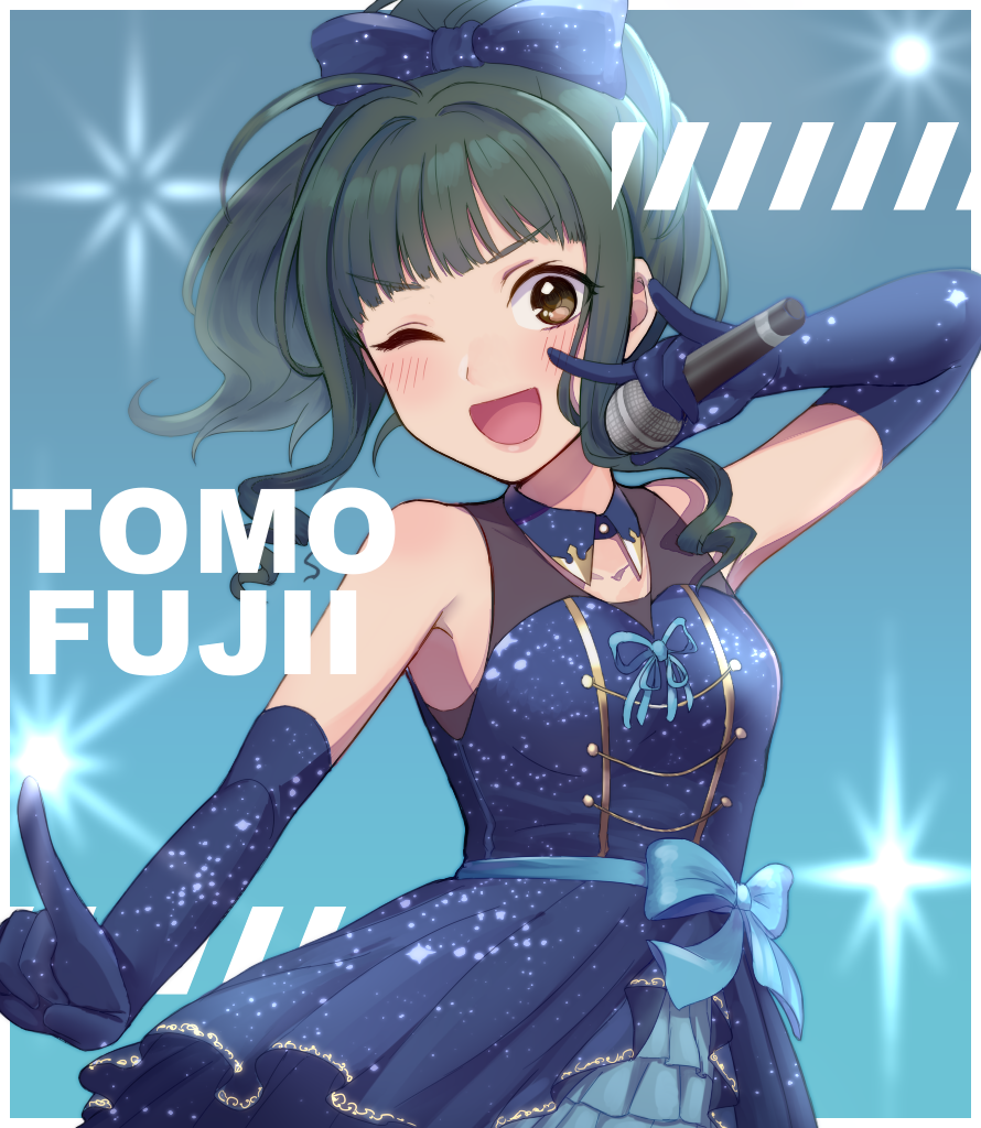 >;d, 1girl, ;d, bangs, black_hair, blunt_bangs, brown_eyes, character_name