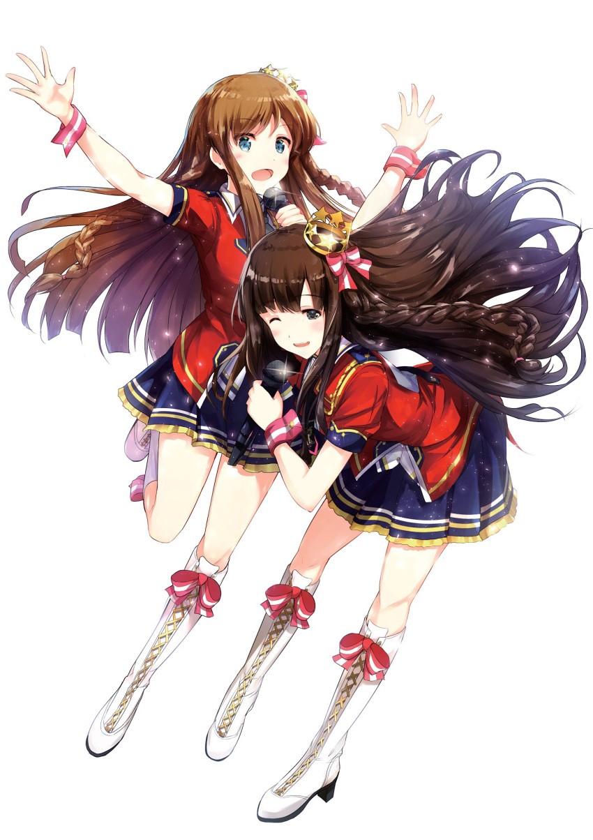 2girls, aqua_eyes, black_eyes, black_hair, blush, braid, brown_hair, crown