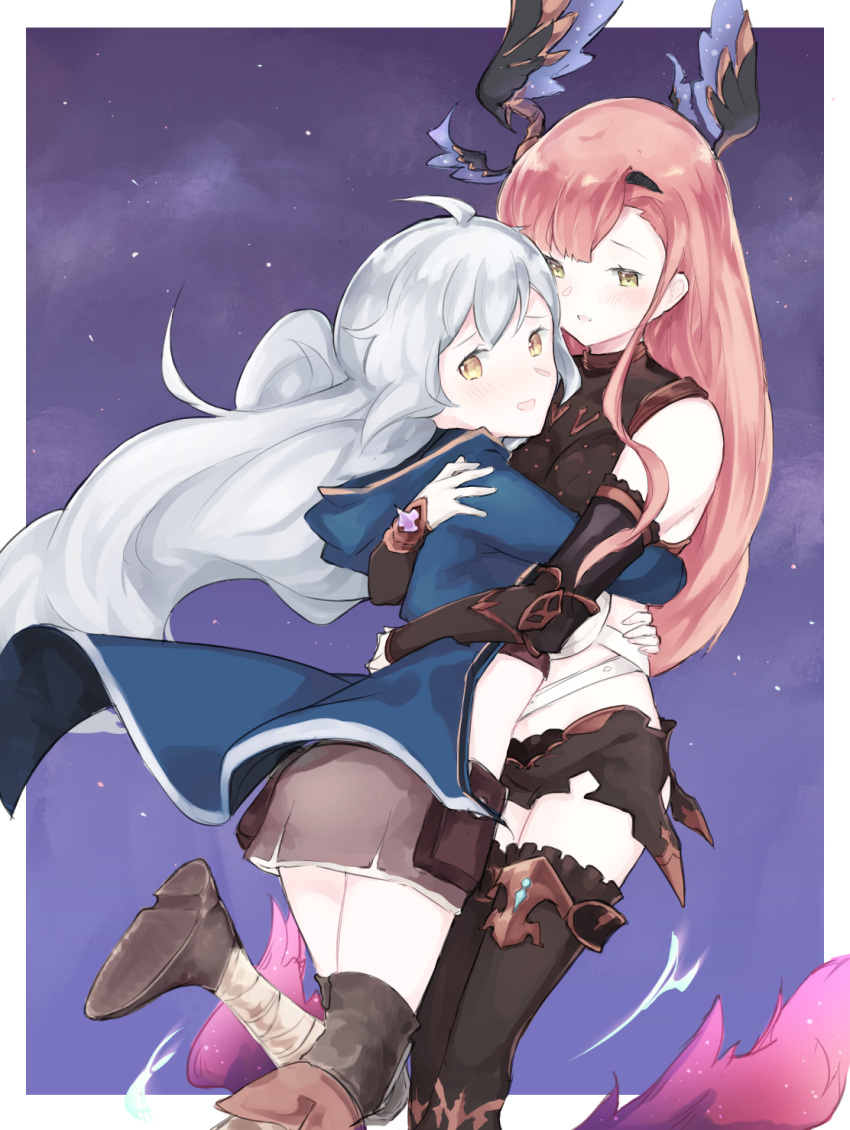2girls, blush_stickers, breasts, brown_hair, colored, detached_sleeves, granblue_fantasy, hair_ornament