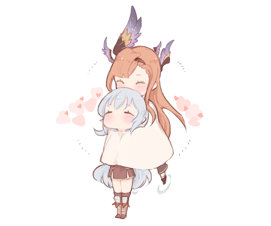 2girls, bed_sheet, blush_stickers, brown_hair, closed_eyes, colored, floating, granblue_fantasy