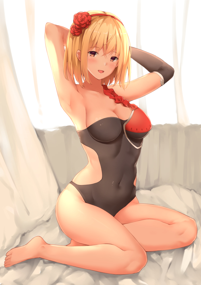 1girl, armpits, arms_up, bangs, barefoot, black_gloves, blonde_hair, blush