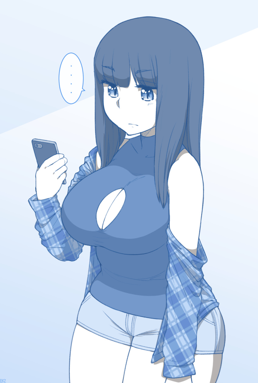..., 1girl, arm_at_side, bangs, bare_shoulders, black_hair, blue, blunt_bangs