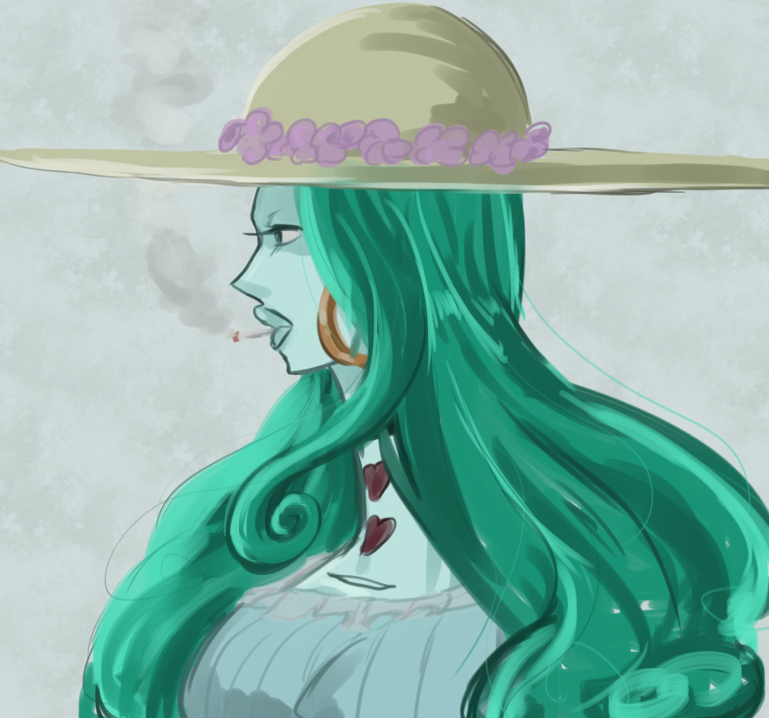 1girl, aqua_hair, charlotte_amande, cigarette, curly_hair, earrings, flower, hat