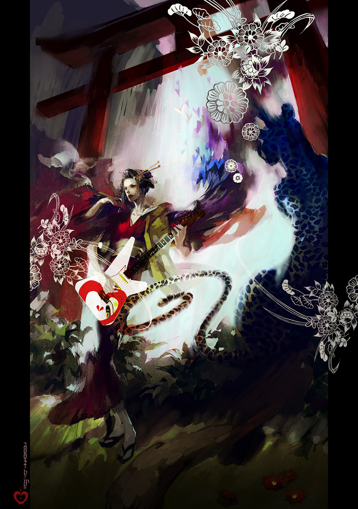 flower, guitar, hair_ornament, hairpin, heart, instrument, japanese_clothes, kiseru