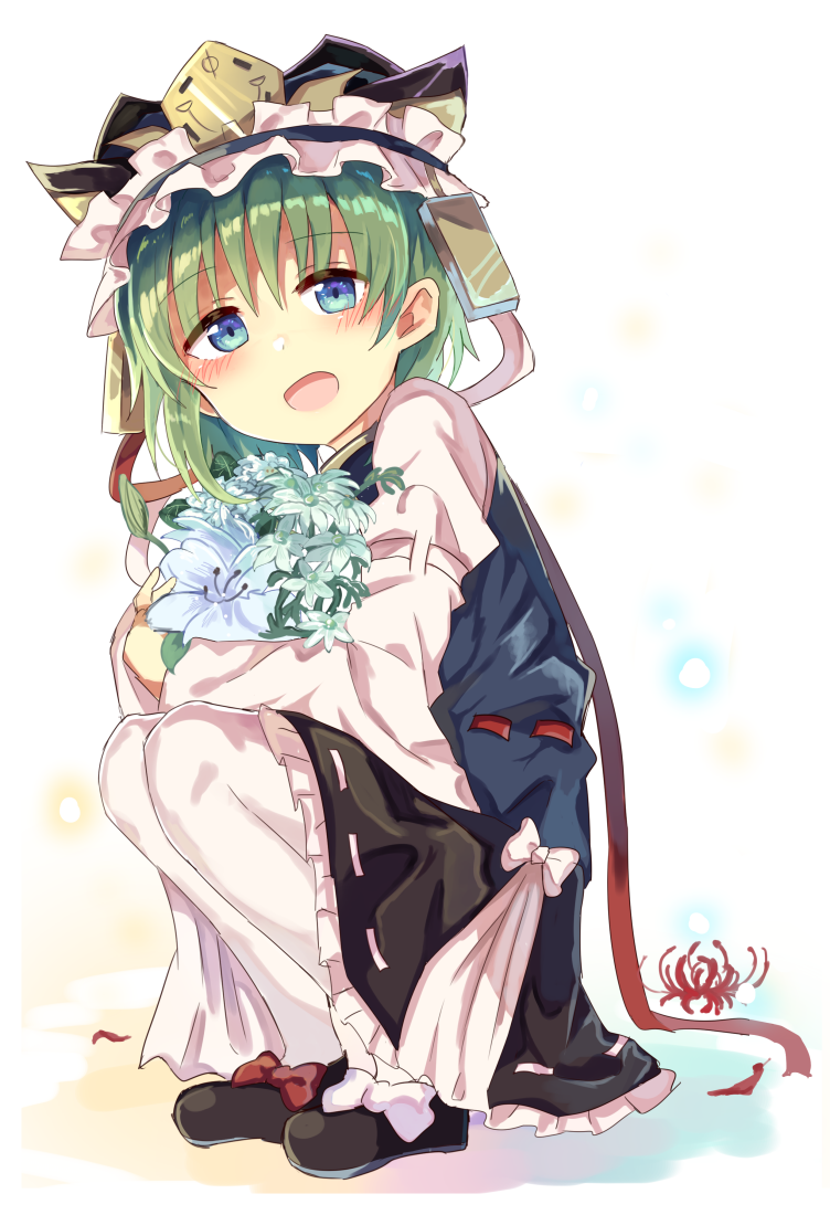 1girl, bangs, black_footwear, black_hat, black_skirt, blue_eyes, bouquet, bow