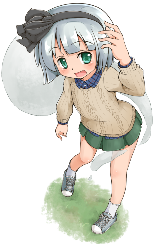 1girl, arm_up, bob_cut, dress_shirt, green_eyes, green_skirt, hairband, hitodama, kabu_(user_wcnr7572), konpaku_youmu, konpaku_youmu_(ghost), long_sleeves, open_mouth, plaid, plaid_shirt, shirt, shoes, silver_hair, skirt, sneakers, socks, solo, sweater, touhou