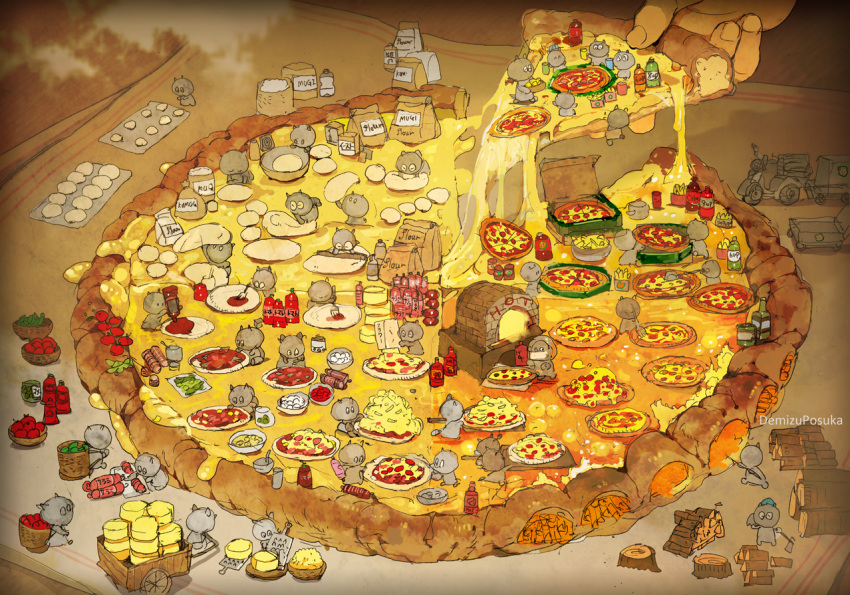 artist_name, axe, bag, baking, basket, bottle, box, brick_oven, cart, cheese, cheese_grater, cheese_wheel, climbing, cooking, cup, demizu_posuka, dough, drinking_cup, flour, flying_sweatdrops, food, ground_vehicle, holding, holding_cup, holding_food, ketchup, mixing_bowl, motor_vehicle, motorcycle, original, out_of_frame, oven, paper_bag, peel_(tool), pizza, plate, pulling, punching, sausage, sitting, spinning, standing, steam, tagme, tomato, tree_stump, walking, weapon, wood