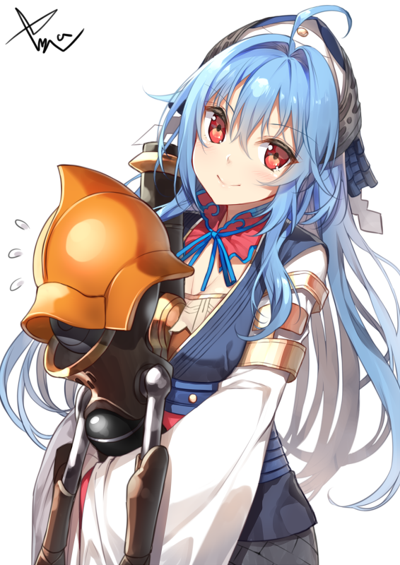 1girl, ahoge, armlet, bangs, blue_hair, blush, breasts, cleavage, closed_mouth, commentary_request, detached_collar, flying_sweatdrops, hair_intakes, hat, head_tilt, holding, koga_(oshiro_project), long_hair, long_sleeves, looking_at_viewer, machinery, oshiro_project, red_eyes, sash, sidelocks, signature, small_breasts, smile, solo, upper_body, wide_sleeves, yappen
