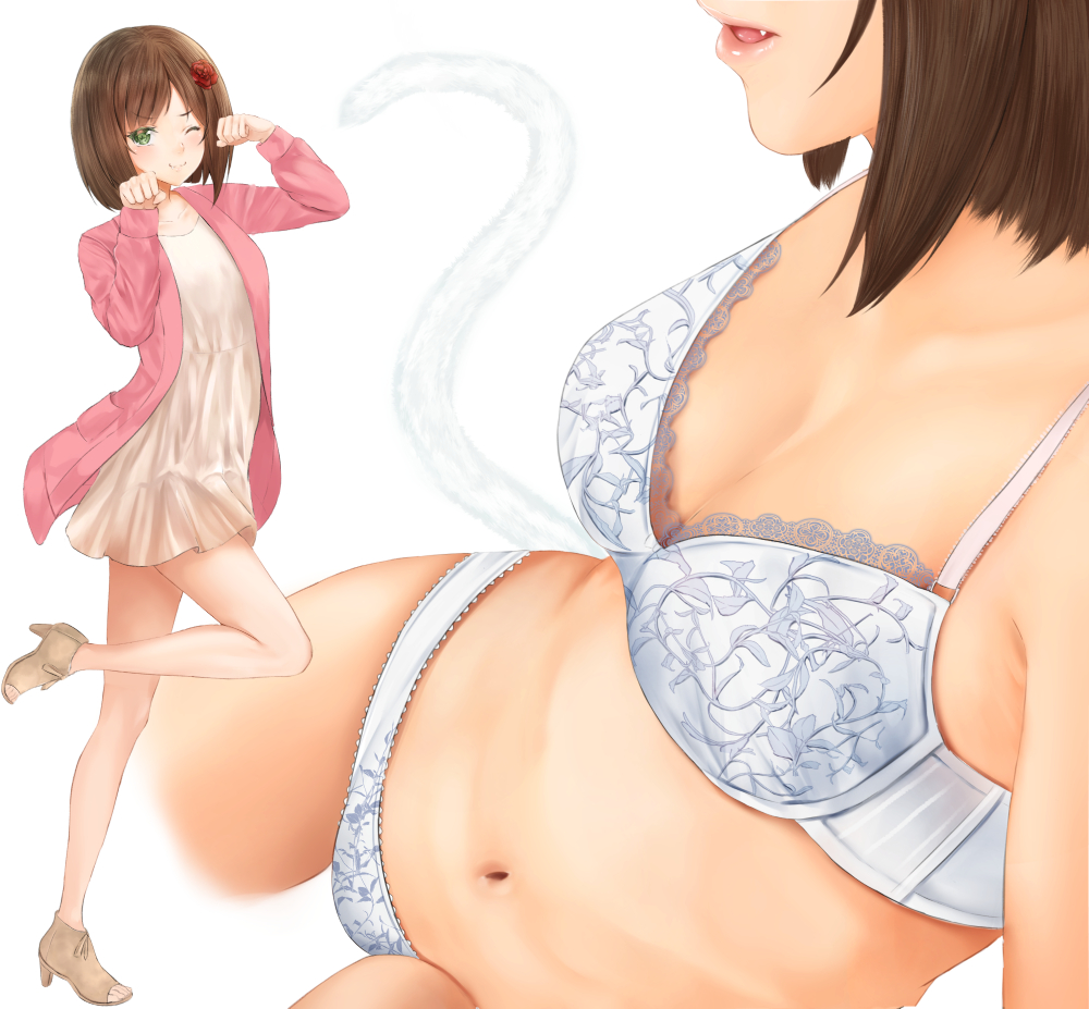 1girl, ;), bare_legs, bra, breasts, brown_hair, cat_tail, cleavage