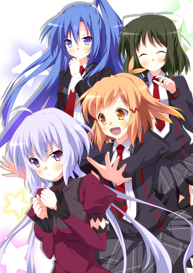 10s, 4girls, :d, ahoge, black_hair, blue_eyes, blue_hair, blush